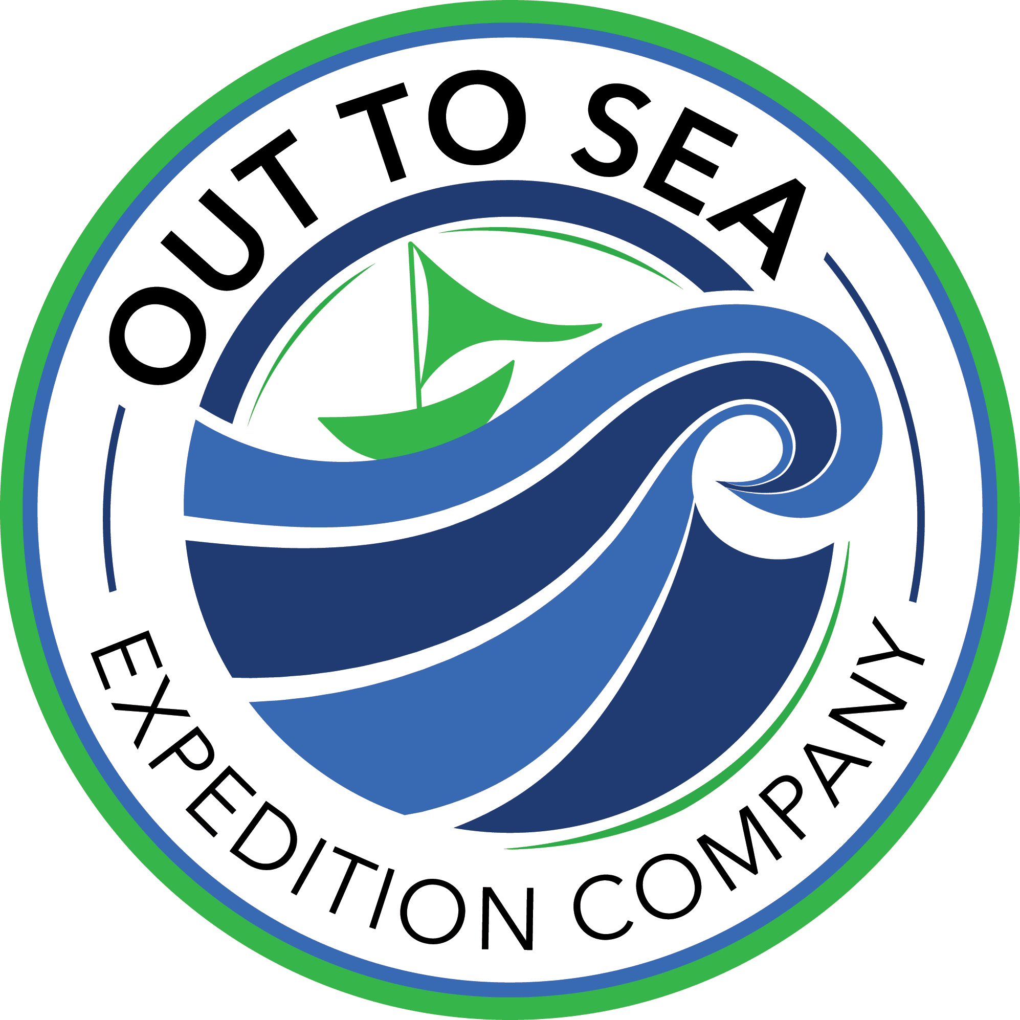 Out to Sea Expedition Company logo featuring a circle with a sailboat riding a big wave in the middle and the name of the company curves around in a circle with Out to Sea at the top and Expedition Company at the bottom.