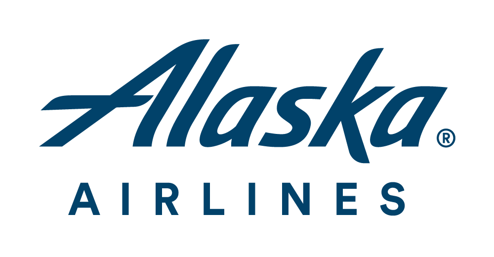 Alaska Airlines logo. The word Alaska in a large stylized italic font with the copyright symbol next to it. The word Airlines is in a sans serif, all caps, very widely spaced font centered underneath to span almost the whole word "Alaska".