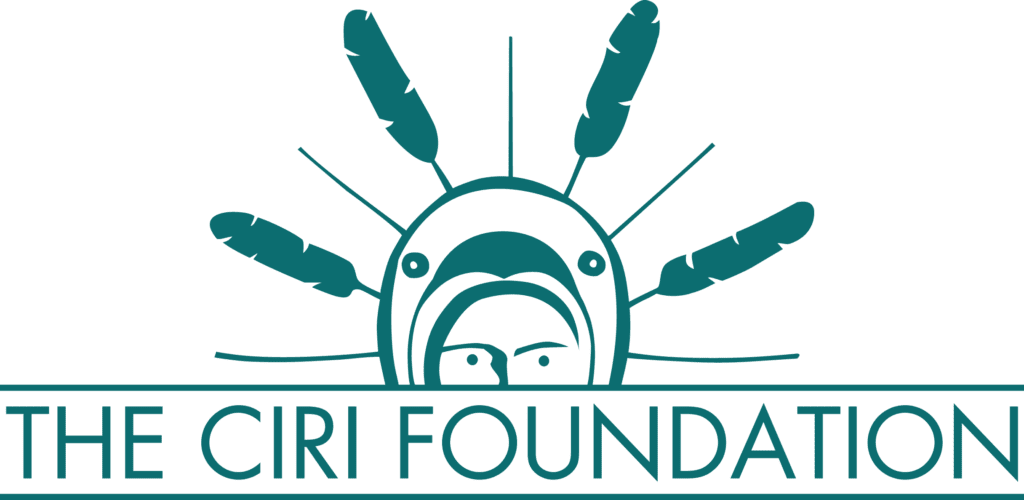 The CIRI Foundation logo - half of a Southcentral Alaska Native mask featuring a person with a halo of feathers. the mask is peeking over the name of the foundation in thin sans serif in all caps. The entire image of linework art and lettering in teal.