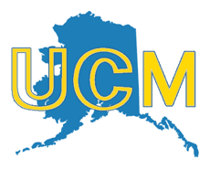 Usibelli Coal Mine logo - An image of the state of Alaska is filled in with a mid-blue color. On top of the image are the letters UCM in yellow. The U and C are only thickly outlined letters, so the image of the state shows through. The "M" is not on top of the image of the state (it is to the right), so it is solid yellow and thinly outlined in blue.